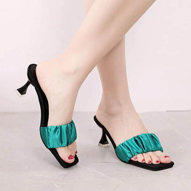 New High-heeled Shoes, Satin, Square Toe, Stiletto, Open-toe Women's Shoes for Outer Wear