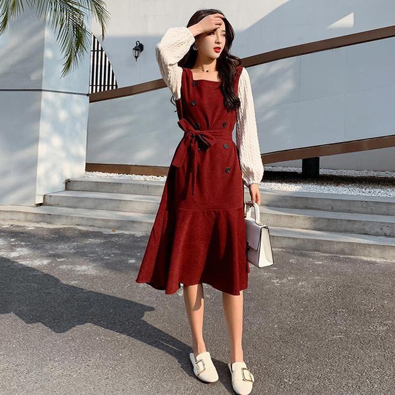 Large Size Dress Spring Dress Waist Waist Was Thin  Fake Two Pieces of Western Style Age-reducing French Retro Long Skirt