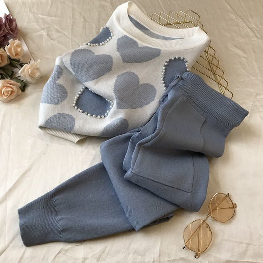 2pcs/set Knitted Set Women Beading Short Sleeve Sweater Tops+Elastic Waist Pants  2piece Set  Casual Tracksuit Elegant Outfits