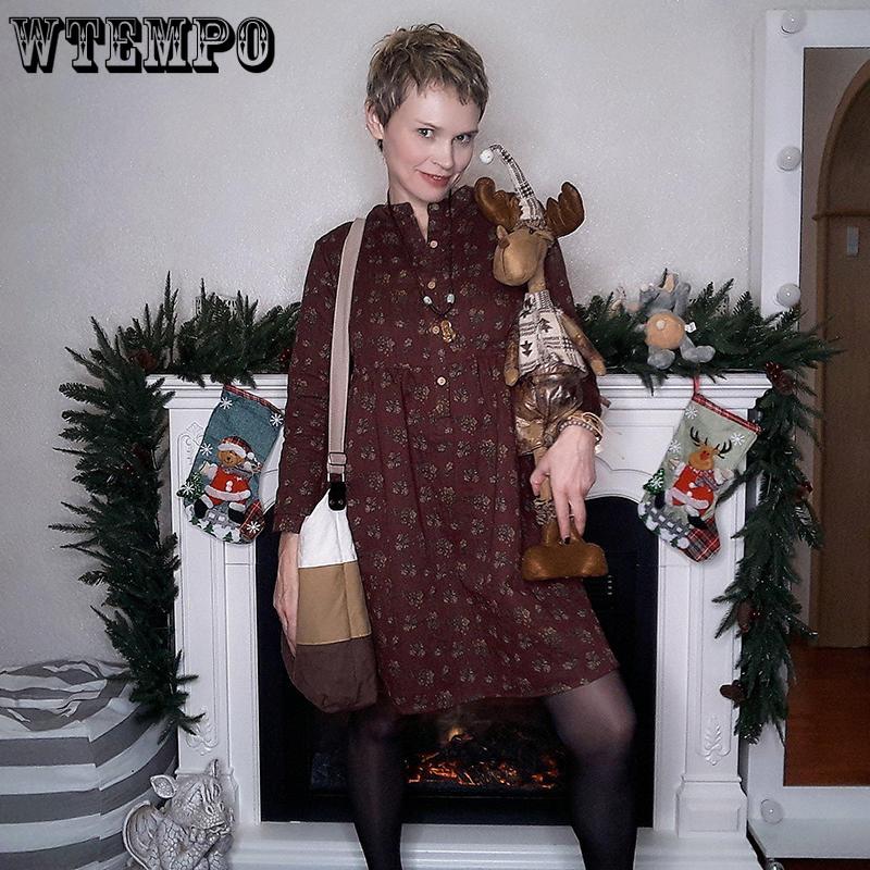 Floral Dress O Neck Long Sleeve Button Cotton Linen A-Line Midi Dresses Elegant Party Vintage Vestidos