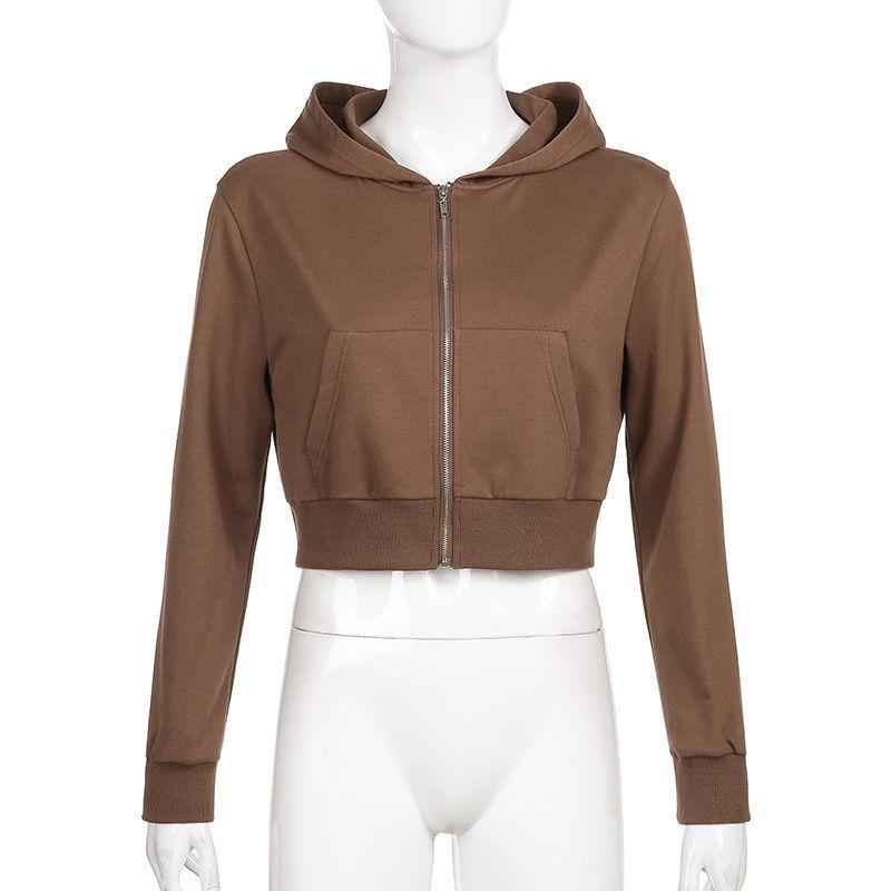 Brown Zip Hooded Sweatshirt Jacket Top Oversized Hoodie Retro Pocket Woman Clothes Long Sleeve Pullover