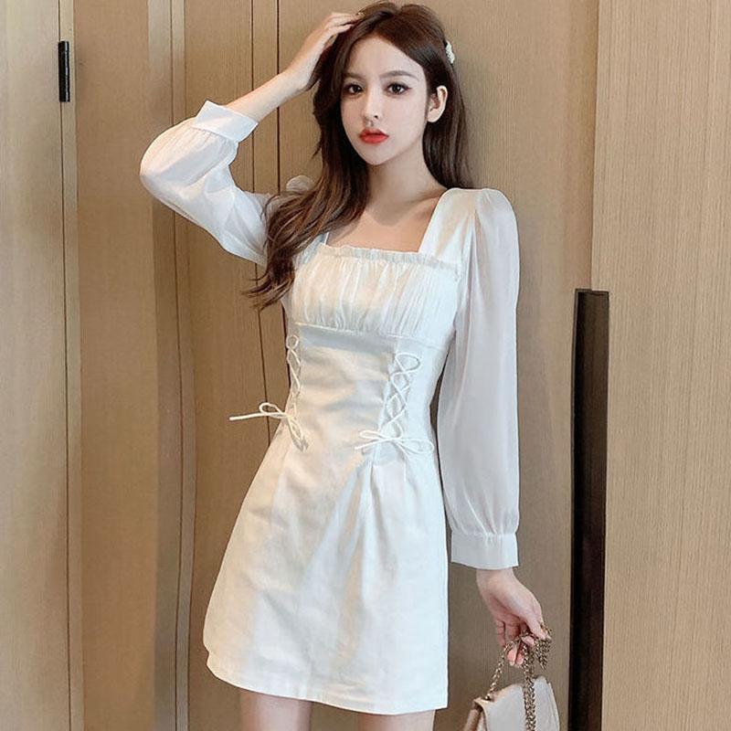 Autumn French Design Sense of Niche Temperament Skirt Is Thin Folds Square Collar White Waisted Celebrity Dress