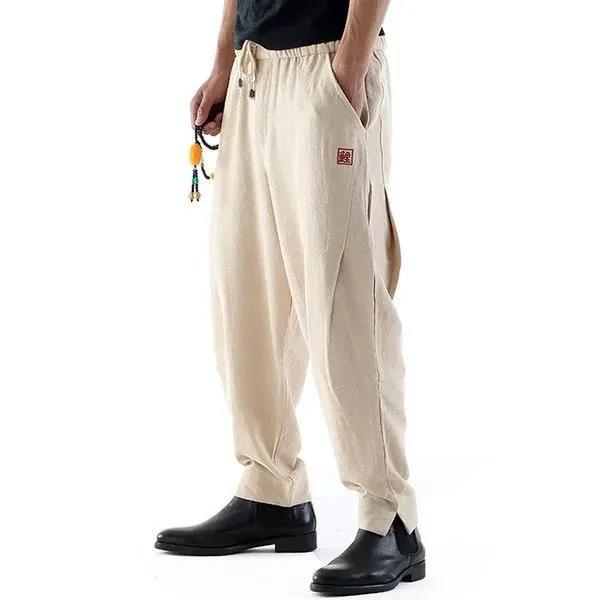 Linen Embroidery Printing Chinese Style Summer Trousers Men's Loose Casual Pants Cotton and Linen Harem Pants