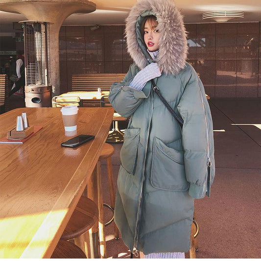Fluffy Fur Collar Down Jacket Women's Long Winter Loose Padded Large Size Over The Knee Bread Jacket Loose Padded Jacket Winter Thick Warm Jacket