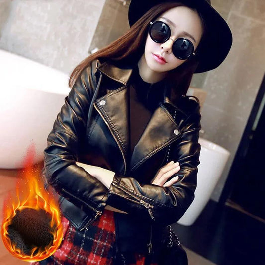 Autumn and Winter Leather Jacket Black Motorcycle Leather Jacket Short PU Leather Jacket for Women