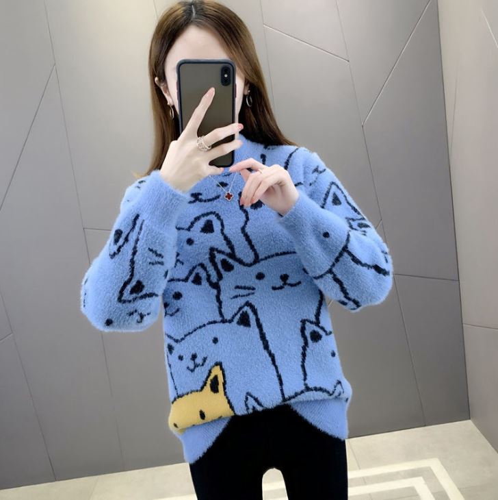 Korean Style Fashion Imitation Mink Fleece Sweater Half Turtleneck Knitted Long Sleeve Plush Sweater Loose Plus Size Cat Sweater