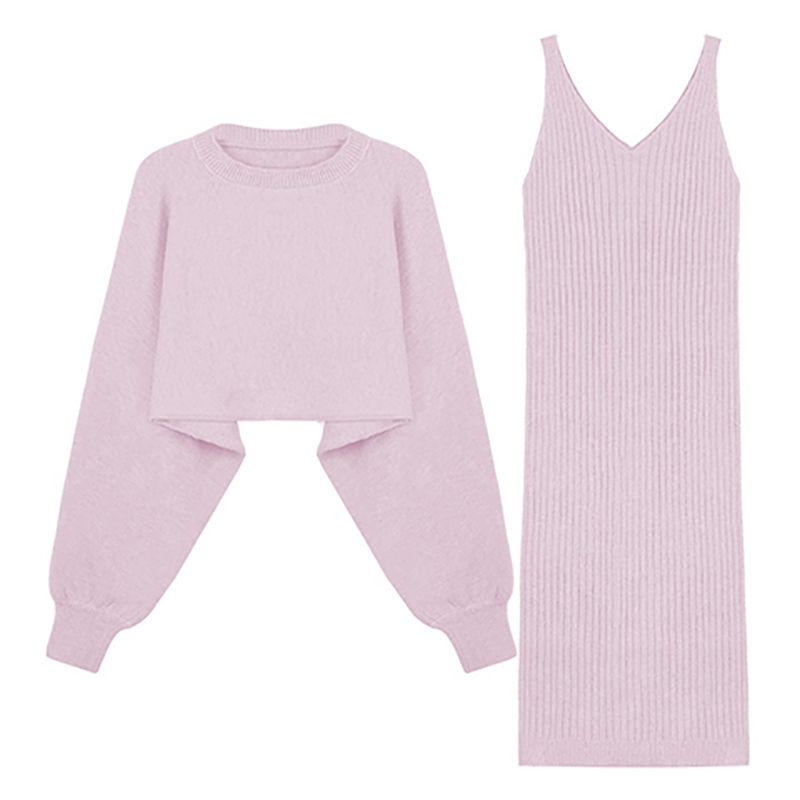 Two Piece Set Women Autumn Wear Loose Pullover Batwing Sweater and Sleeveless Strap Sweater Dress Ladies Outfits