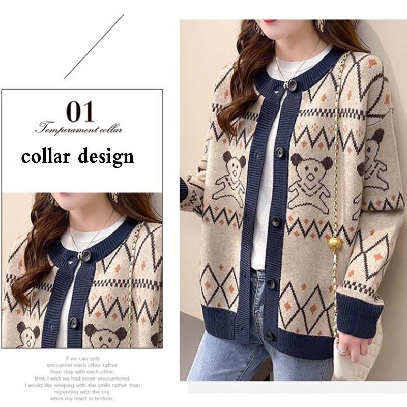 Bear Jacquard Sweater Jacket Women's Autumn and Winter Loose and Lazy Style Contrast Color Knitted Cardigan Top Trendy