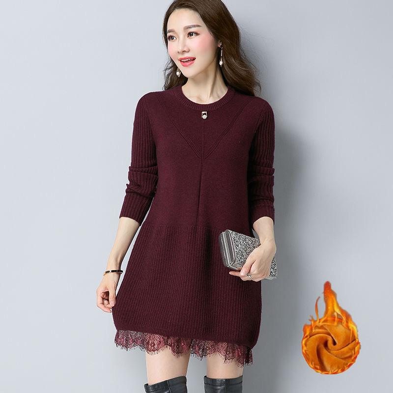 Plus Thick Autumn and Winter Sweater Women Loose and Warm Mid-length Bottoming Shirt Round Neck Knitted Lace Sweater Dress