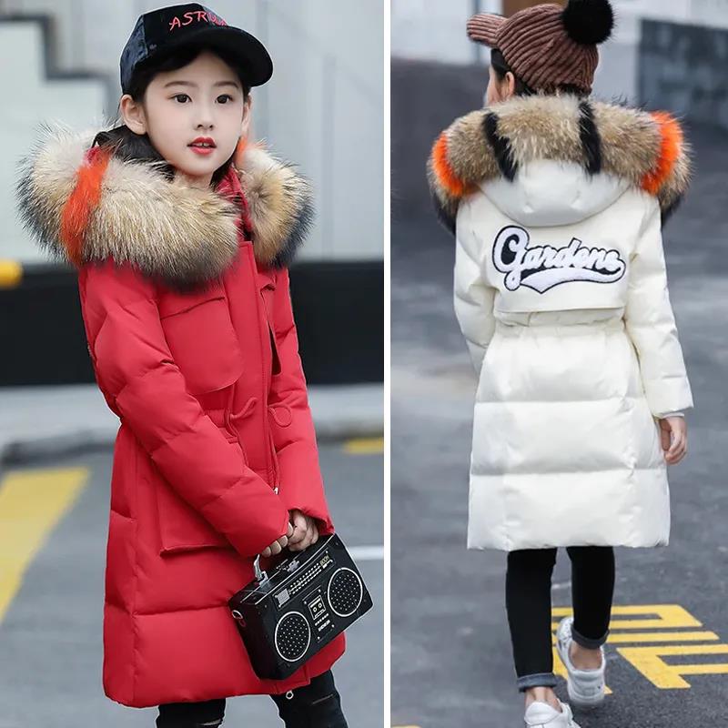 Children's Cotton-padded Clothes Girls' Winter Jacket Big Children Thickening Medium-length Cotton Jackets Large Fur Collar