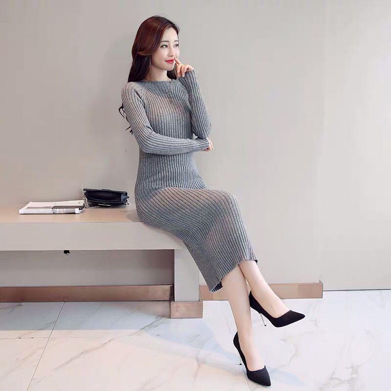 Knit dress female long-sleeved autumn and winter Slim bottom bag hip long sweater skirt