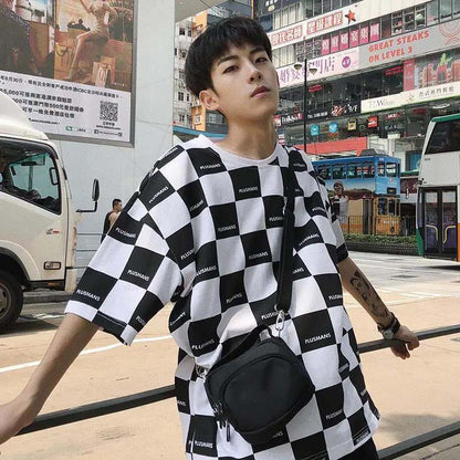Summer Loose Retro Black and White Plaid Short-sleeved T-shirt Student Bottoming Shirt