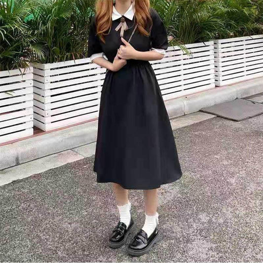 College Style French Retro Slim Waist Temperament Dress Female Student Short-sleeved Mid-length Skirt A-line Skirt