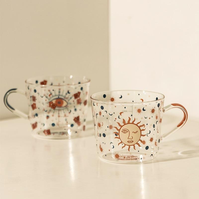 500ml Creative Scale Glass Mug Breakfast Milk Coffe Cup Household Couple Water Cup Sun Eye Pattern Drinkware