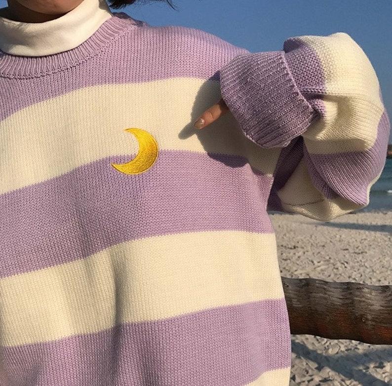 Pastel Lilac Sailor Moon Theme Knit Jumper, Candy Color Stripes Moon Sets Embroidery Sweater Harajuku Clothing, Kawaii Clothing Cute Sweater