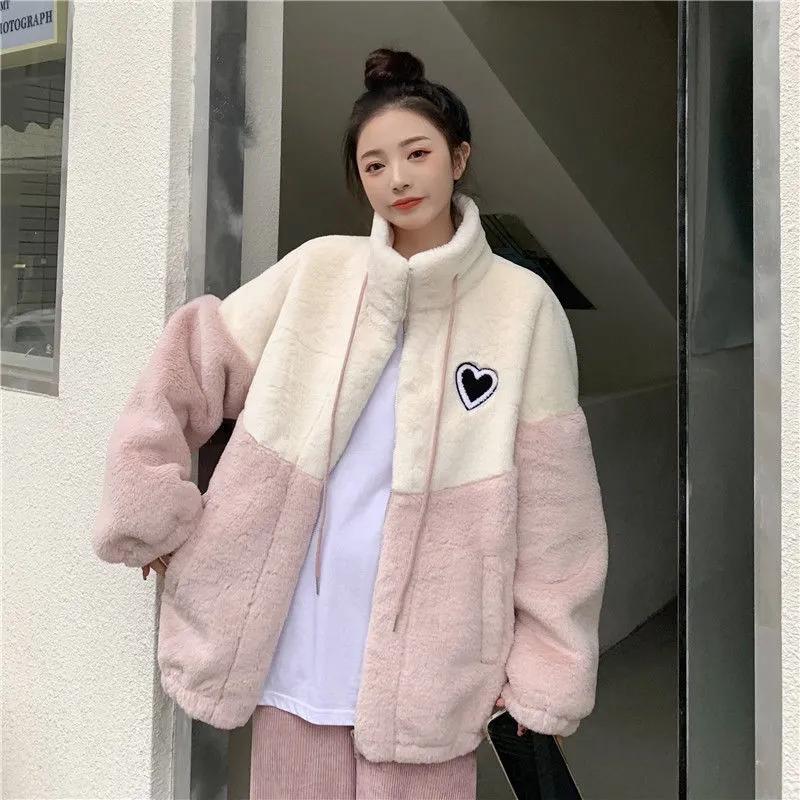 Women's Winter Lamb Wool Coat Lazy Wind Girl's Loose Cotton Coat Thick Plush Stitching Sweater Casual Warm Cotton Clothes Home Clothes Oversized Coat