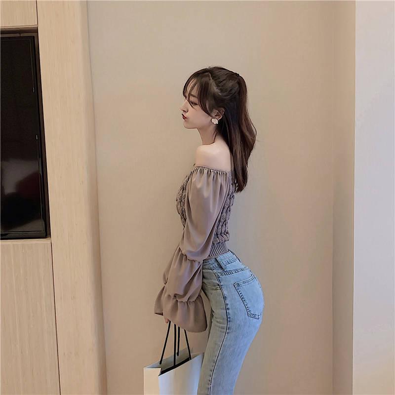 Pofulove Sexy Strapless Pullover Long-Sleeve Short Sweater Women Open Navel Slim Waist Knitwear