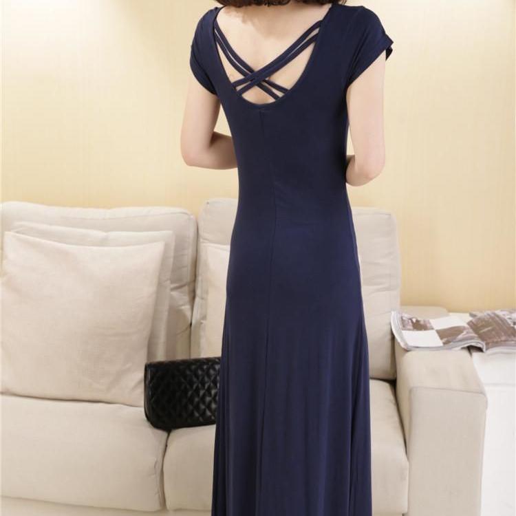 Fashion Long Maxi Dress Cotton Short Sleeve Crew Neck Elastic Backless Summer Dress Party Dress
