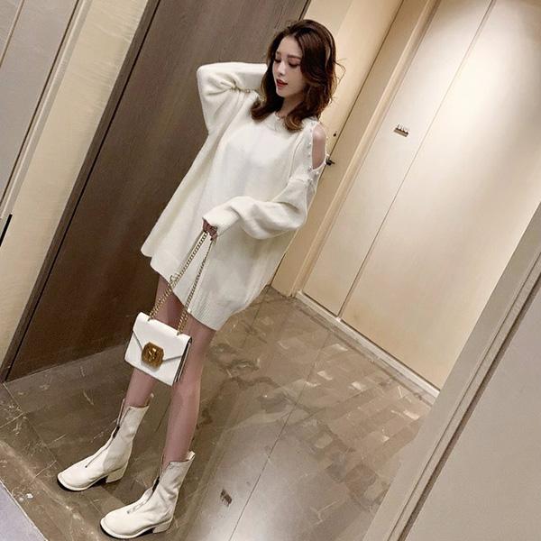 Autumn Loose One-piece Bodysuit Dress Design Sense Beading Strapless Sexy Sweater Pullover Round Neck Long-sleeved Jacket Mid-length Sweater Top