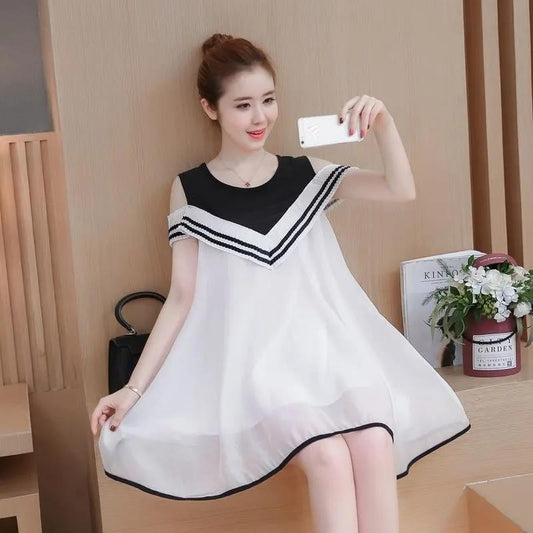 Summer Round Neck Short Sleeve Mid-length Chiffon Dress Loose and Thin Black and White Stitching Cute Princess Dress Ladies Strapless Short Dress