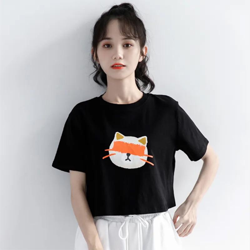 100% Cotton Summer Thin Hong Kong Style Short Short Sleeve T-shirt Women Cartoon Printing Solid Color Short Top