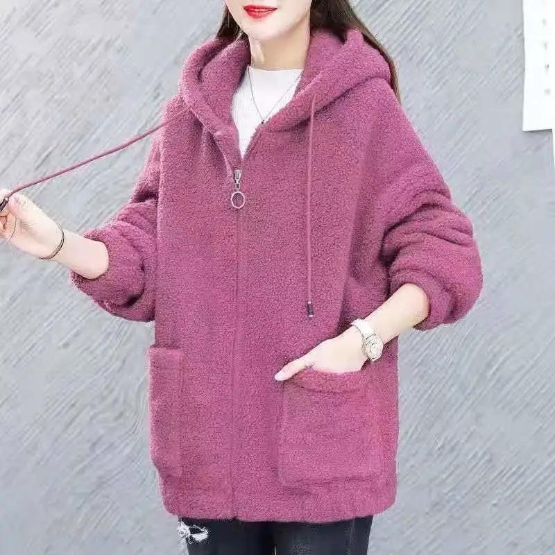 Lamb Velvet Sweatershirt Women's Autumn Winter Loose Cardigan Long-sleeved Hooded Thick Coat Solid Color Zipper Jacket Top