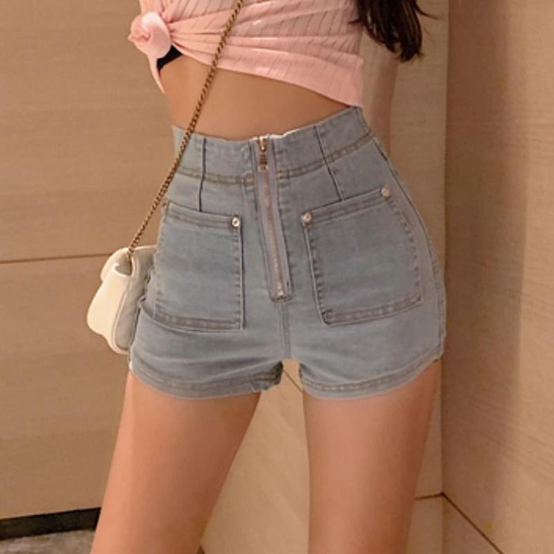 Denim Shorts Women's Summer Tight-fitting Stretch Thin Sexy High Waist Zipper Pocket All-match Shorts