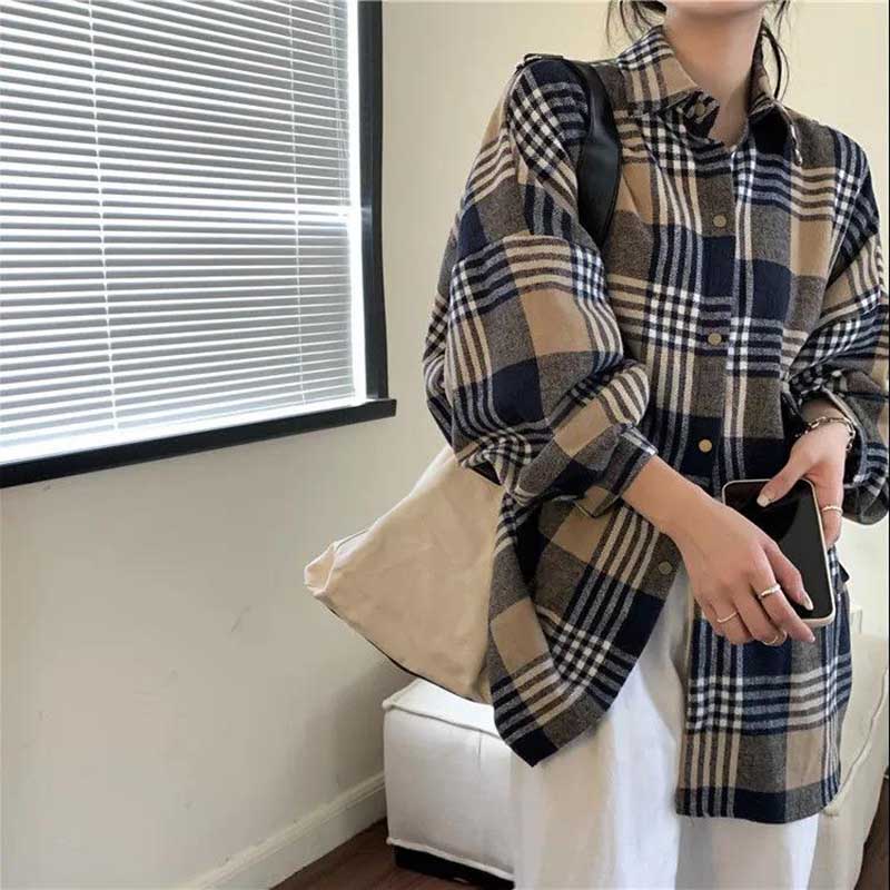 Layered Plaid Shirt Women's Spring and Autumn Retro Loose and Lazy Style Shirt Coat