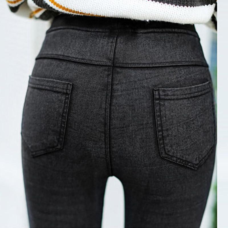 Fleece Thickened Imitation Jeans Women's Winter Bottoming Outer Wear Warm Pencil Feet Pants Solid Color High-waist Leggings
