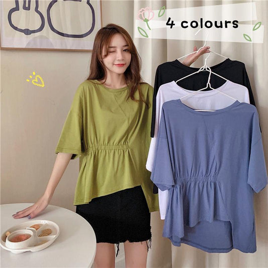 Pleating Irregular Summer Women's Fashion Asymmetry Tops Short Sleeve Solid Color Casual Loose T-shirt