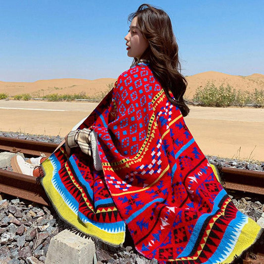 Ladies Retro Style Temperament Shawl Cloak Thickened Warmth Loose Dual-use Cloak Scarf Shawl Travel Grassland Desert Cloak Wrap