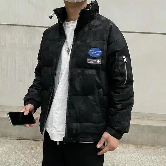 Men's Winter Down Jacket Plus Size PU Leather Camouflage Jacket Streetwear Coat Stand Collar Solid Color Casual Jackets Warm Thick Black Clothing