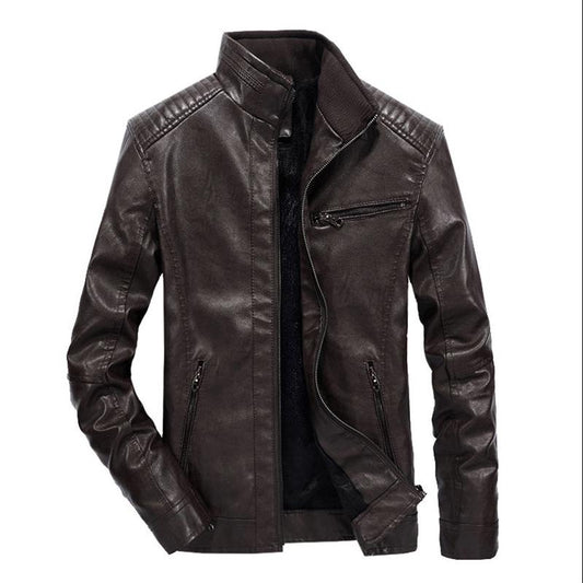 Stand-up Collar Leather Jacket Men's Large Size Young and Middle-aged Autumn and Winter Explosive Leather Sense Jacket Plus Velvet Thickening