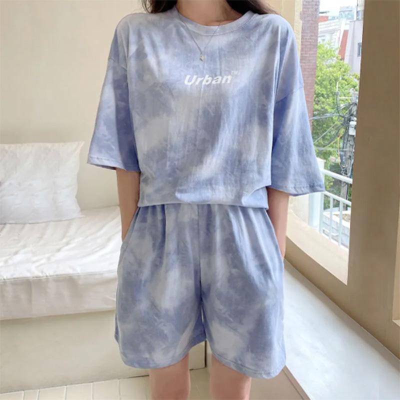 Pure Cotton Casual Sportswear Suit Women's Summer Short-sleeved Shorts Fashion Halo Dyed Loose Two-piece Suit