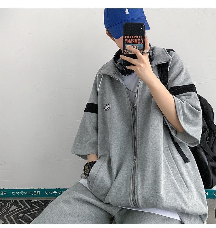 Summer Retro Short-sleeved Sports Suit Men and Women College Style Loose Short-sleeved Two-piece Wide-leg Five-point Shorts