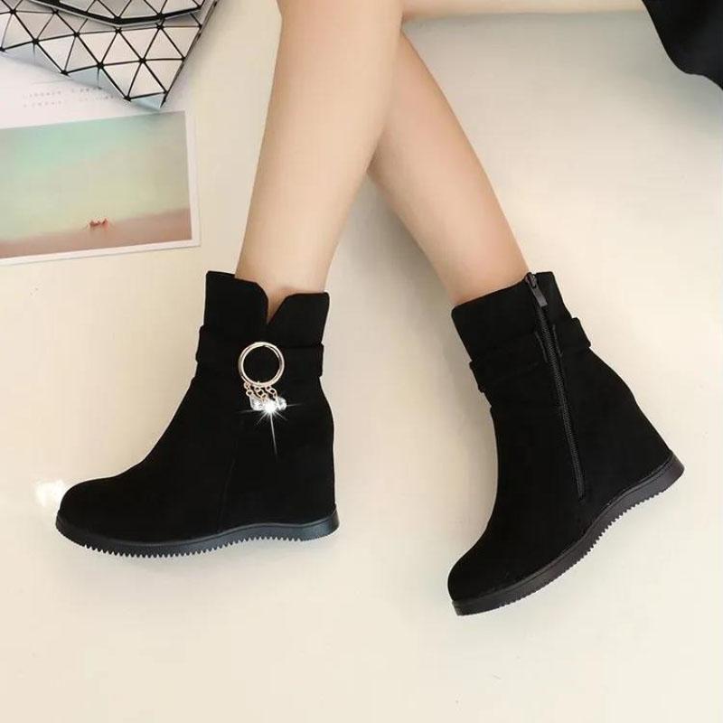 Fall and Winter Plus Velvet Flat-bottomed Inner Height Shoes Wedge Heel Short Tube Women's Cotton Boots