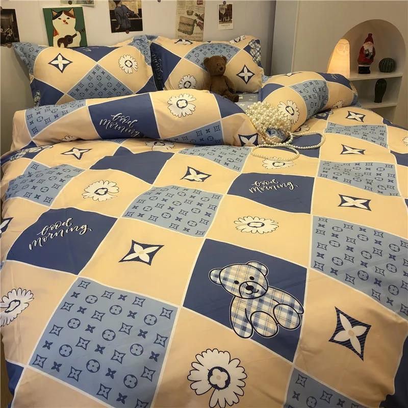 Ins Lattice Cartoon Girl Heart Bedding Four-piece Student Dormitory Three-piece Single Bed