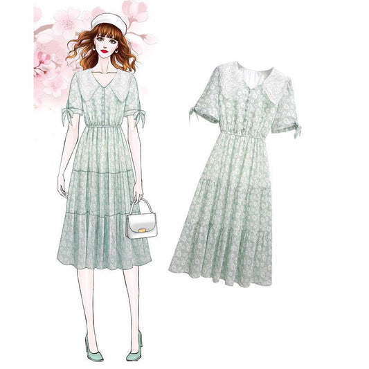 Pofulove  Bohemian Floral Dress Women Summer Dress Plus Size  Lace Collar Slim A-line Long ruffed Dress for party beach vacation
