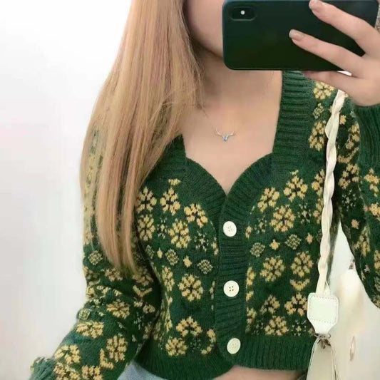 2021 New Autumn and Winter Women's French Temperament Square Neck Floral Retro Jacquard Knitted Cardigan Short Sweater Coat