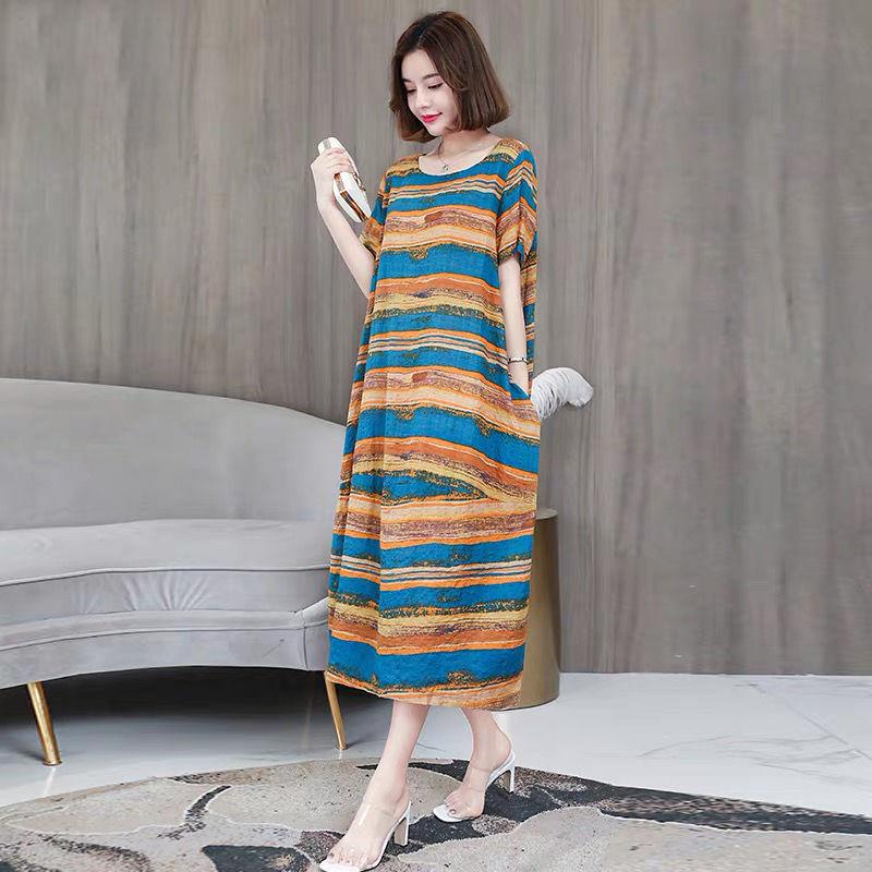 Women's Summer Loose Dress Large Size Young Cover Belly Look Thin Striped Mid-length Skirt Pocket  Loose
