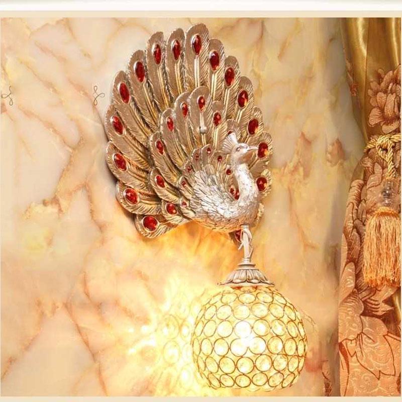gold Peacock Wall Lamp Study Bedside Living Room Aisle TV Wall Crystal LED Wall Lamp glass shade