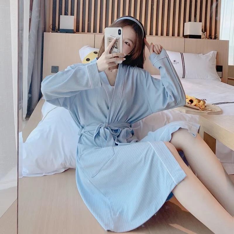Women's Solid Sexy Long-sleeved Bathrobes Mid-length Spring Autumn Pajamas Dresses Casual Nightgown Pocket V-neck Loose Home Wear