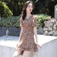 Women's Summer Floral Dress V-neck Slim Ruffled Mid-length Skirt