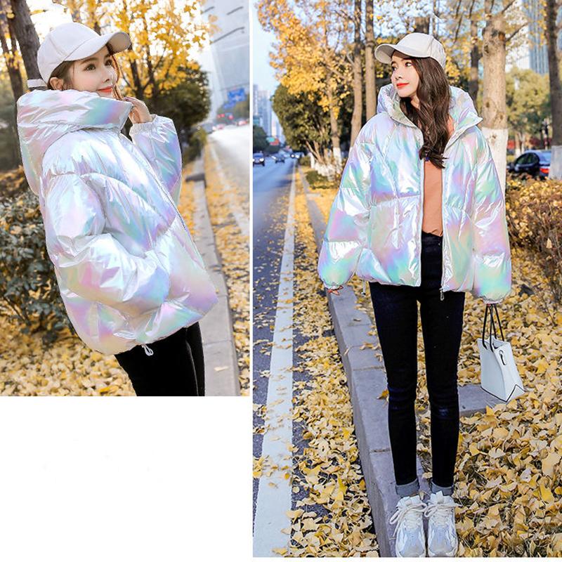 Women's Bright Print Short Down Jacket Winter Korean Loose Quilted Jacket Casual Stand-up Collar Hooded Down Jacket Quilted Jacket