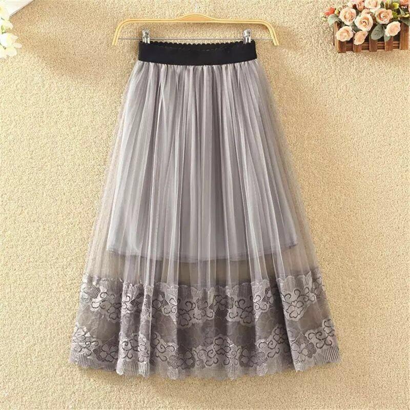 Woman's Mid-length Yarn Skirt Elastic Waist Printed Lace High Waist A-line Skirt Pleated Skirt Work Travel