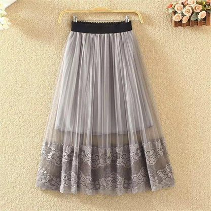 Woman's Mid-length Yarn Skirt Elastic Waist Printed Lace High Waist A-line Skirt Pleated Skirt Work Travel