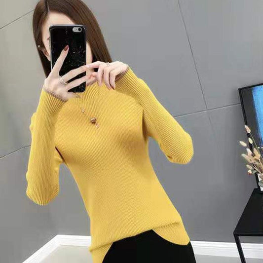 Autumn and Winter Korean Warm Knit Sweater Slim Long-sleeved Solid Color Blouse Round Neck Non-ball Sweater