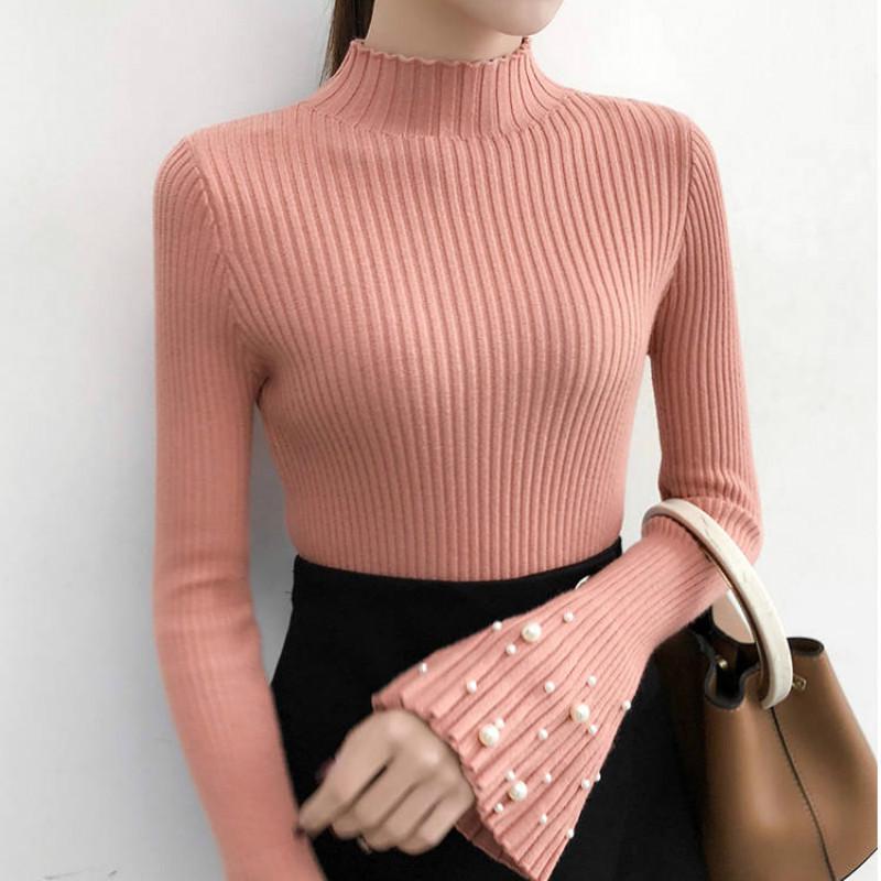 Trumpet Sleeves Pullover Sweater Women's Long-sleeved Slim Beaded Sweater Bottoming Shirt