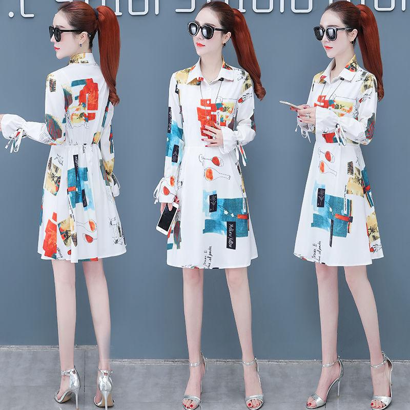 Spring Autumn Plus Size Shirt Dress Slim Mid-length Print Shirt Dress OL Casual A-line Dress with Belt