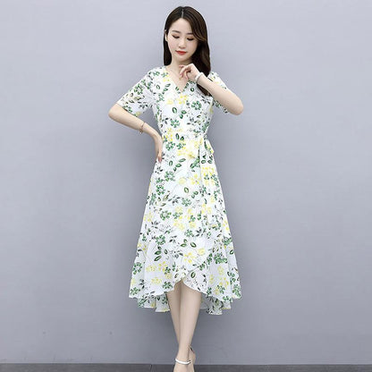 Chiffon Dress Feminine Temperament Elegant Waist Thin French Floral Long Skirt Can Be Belted Slimming Thin Ladies Chiffon Dress